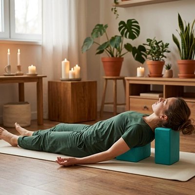 Brique de yoga femme coucher sur le sol avec la tête soulever par les briques