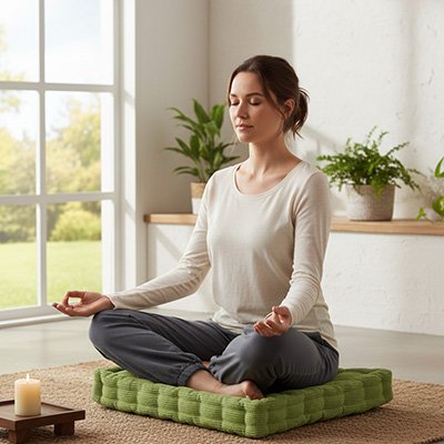 femme en posture méditation sur Coussin yoga 