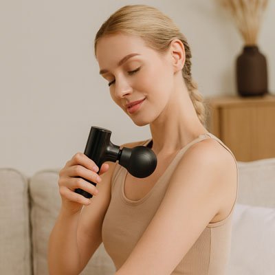 femme fait le massage avec le Pistolet de massage 