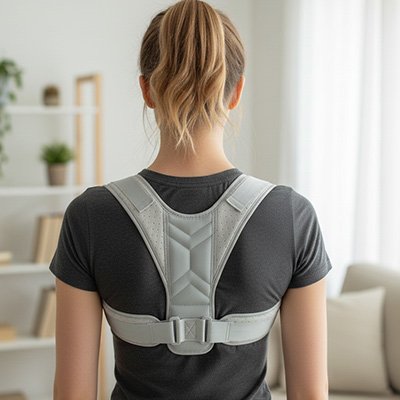 femme montre l'arrière du Correcteur de posture gris