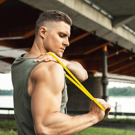 homme étire son bras avec elastique musculation jaune résistance de 8 à  15 lbs