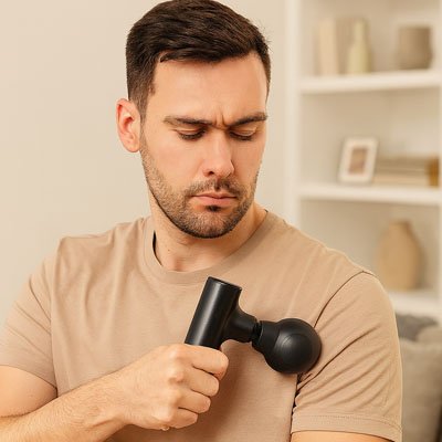 homme fait le massage des épaules avec le Pistolet de massage 