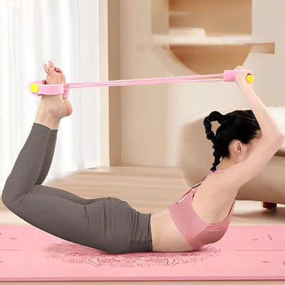 Une personne fait un exercice d’étirement au sol sur un tapis de yoga , en utilisant un élastique tenue entre les main et les pieds